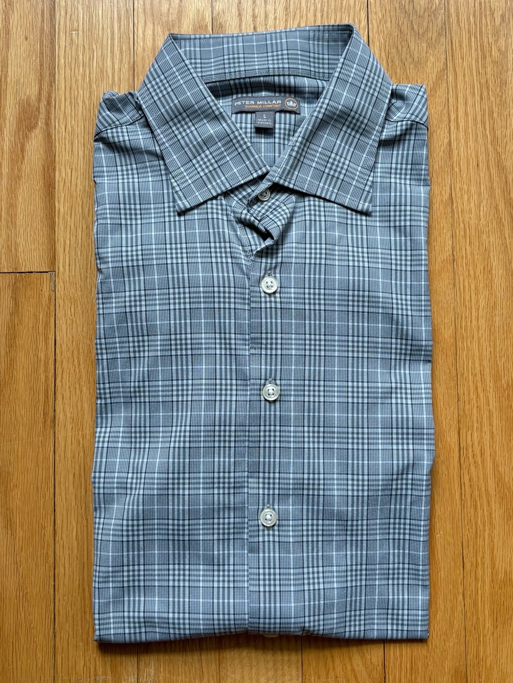 Peter Millar Summer Comfort Mens Long Sleeve Shirt Large Gray White Plaid